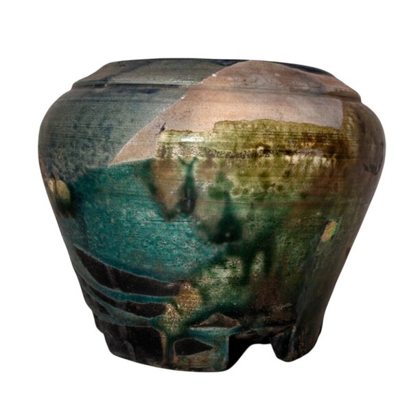 Handmade Raku Studio Pottery Vase Multicolor Glaze, Footed Base, Signed by Artis - Picture 1 of 7